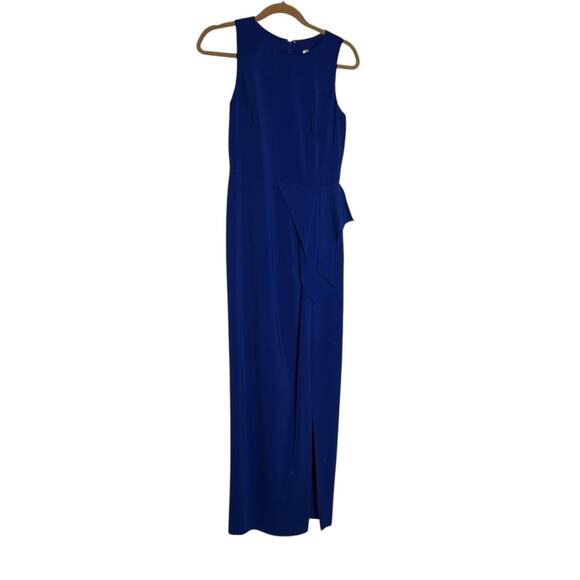 Mikael Aghal Royal Blue High Neck Sleeveless Ruffle Waist Slit Leg Maxi Dress 2 - Picture 2 of 6